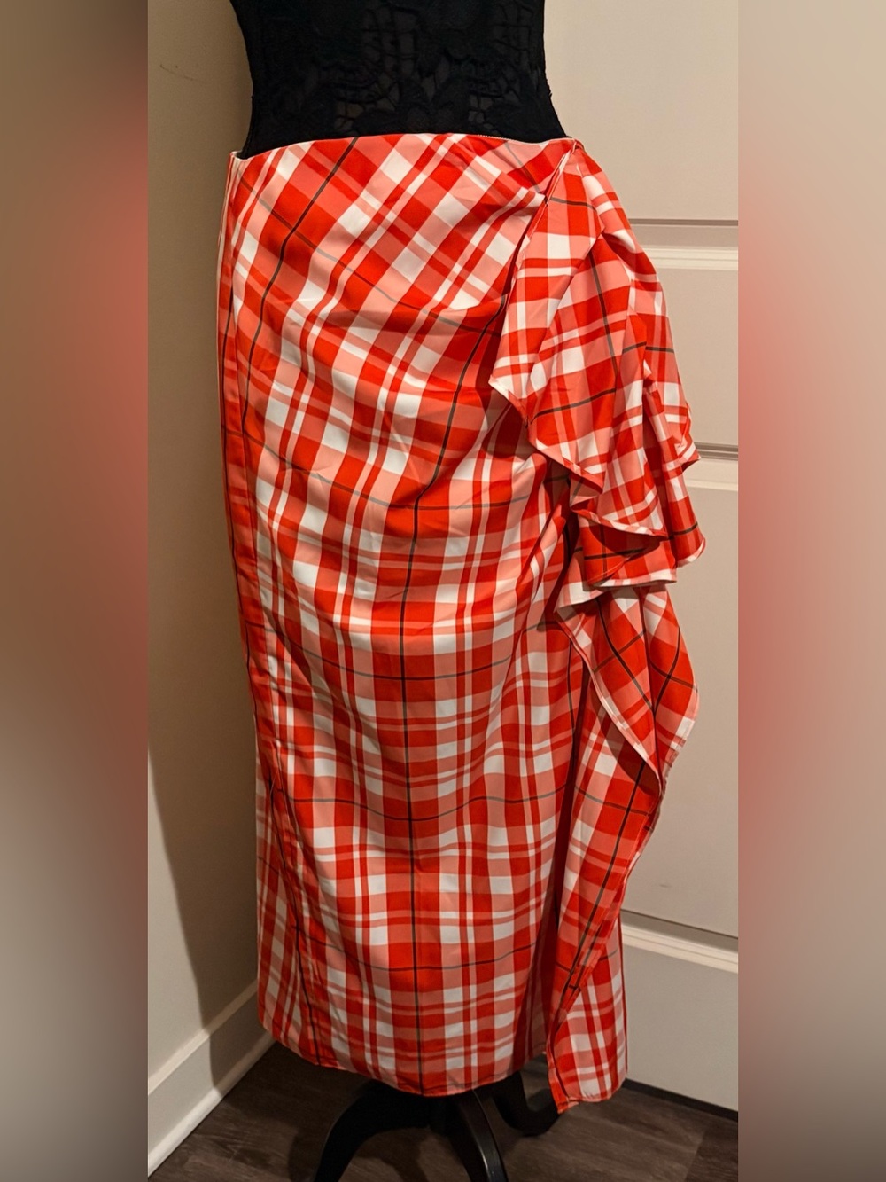 J Crew Collection Long Ruffle-Side Midi Skirt in Red Plaid Size 8